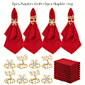 Miniatyrbilde 1 av 5: 16 stk. Festlig Jule Serviett & Ringsett: 8 Røde Polyester Servietter med Gull Snøfnugg Reinsdyr Ringer for Høytidsmiddager, Bryllup, Takk (FMY) Red
