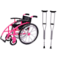 Pikkukuva 3 / 5: Nuken pyörätuoli ja kainalosauvat leikkisetissä - Punainen miniatyyripyörätuoli malli, pienoiskoossa, koristeet lapsille leikkiin (FMY) Pink One Size