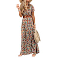 Pikkukuva 1 / 5: Fianao Boho Naisten Mekko Paisley-kuviointi Suuri Helma Lyhythihainen Halkiohelma Maxi Mekko Vyöllä Työhön Brown S