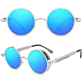 Pikkukuva 3 / 4: Vintage-polarisaatiolla varustetut pyöreät steampunk-aurinkolasit miehille, tyylikäs Db Silver Frame Ice Blue Lenses