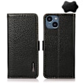 Miniatyrbild 1 av 6: KHAZNEH iPhone 14 Plus Fodral Litchi Äkta Läder RFID Svart