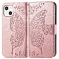 Miniatyrbild 1 av 6: iPhone 13 - Butterfly Print Läder Fodral - Roséguld