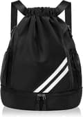 Drawstring Backpack, Waterproof Sports Backpack, Large Sports Gym Bag with Shoe Compartment (Black)