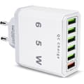 Multi-USB-lader, 65W 6-porters USB-hurtiglader med QC 3.0 Smart Hurtiglader, Universal USB-A Strømadapterlader for 15 Pro Max, 14 Plus (FMY)