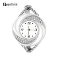 Geekthink Rhinestone Quartz Analog Watch Open Bangle Alloy Case Wristwatch Silver White