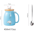Miniatyrbilde 2 av 4: Søte keramiske kattekrus med skje og trelokk, tekopp kaffevand melkemugg for hjemmekontordrikkegave (blå)