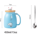 Miniatyrbillede 2 af 4: Sød Keramisk Kattekrus med Ske og Trælåg, Tekop Kaffe Vand Mælkekrus til Hjemmekontor Drikkevarer Gave (Blå)