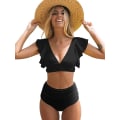 Miniatyrbillede 1 af 5: Ruffle High Waist Bikini med To Stykker til Kvinder - Push Up - Tropisk Print