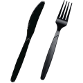 Miniatyrbilde 1 av 4: 200-delt sett med svart plastbestikk av høy kvalitet | 100 gafler + 100 kniver | Gjenbrukbar, slitesterkt plastbestikk for fester, hverdagsbruk