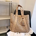 Miniatyrbillede 2 af 5: Kvinde Vævning Skuldertaske Håndlavet Halm Strandtaske Stor Kapacitet Rejsetaske Kvast Taske khaki