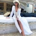 Miniatyrbild 1 av 5: Bikini Cover Up Strand Lång Maxiklänning Kvinnor Strand Cover Up Tunika Pareo Vit V-hals Klänning Robe Badkläder Baddräkt Strandkläder