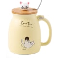Miniatyrbillede 1 af 4: Søde Keramik Katte Kopper med Ske og Trælåg, Tekop Kaffe Vand Mælk Kop til Hjem Kontor Drikkevarer Gave (Gul)