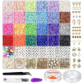 Miniatyrbilde 1 av 5: 6000 stk leireperler for armbåndlaging, 24 farger flate runde polymerleireperler 6mm mellomperler Heishi-perler med anhengssett og elastiske tråder F