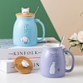 Miniatyrbillede 4 af 4: Sød Keramisk Kattekrus med Ske og Trælåg, Tekop Kaffe Vand Mælkekrus til Hjemmekontor Drikkevarer Gave (Blå)