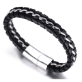 Miniatyrbillede 3 af 5: Drengebarns Ægte Læder Armbånd Sort.titanium Sølvkæde Magnetisk Spænde 7\"/18cm