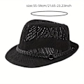 Miniatyrbillede 2 af 3: Imiteret læderrem dekoration solhat ensfarvet hul panama hat casual jazz hatte med let rullet skygge