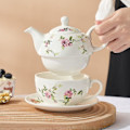 Miniatyrbillede 2 af 5: Porcelæn Te Til En, Blomster Tekande Og Kop Sæt, Rattan Blomster