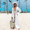 Miniatyrbild 3 av 5: Bikini Cover Up Strand Lång Maxiklänning Kvinnor Strand Cover Up Tunika Pareo Vit V-hals Klänning Robe Badkläder Baddräkt Strandkläder