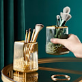 Miniatyrbillede 3 af 5: 2-delt makeupbørsteholder-arrangør, akryl guld makeupbørsteholderbeholder til badeværelsesbordplader, børsteholder makeupkopper