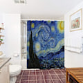 Miniatyrbillede 3 af 5: Stjernenat Brusergardin til Badeværelse med Kroge, Van Gogh Stjerner Kunst Dekorativ Lang Stof Bruseforhæng Badeværelse Dekorationer - 71Wx72L, Blå