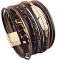 Miniatyrbild 4 av 5: Heyone Dam Läder Manschett Armband Fjäder Multi Strand Armband Wrap Armband Turkos Boho Armband Flätad Läder