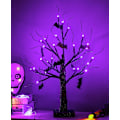 Miniatyrbillede 1 af 5: Halloween-træ, sort uhyggeligt træ med 24 lilla LED-lys og 10 flagermus-pynt, batteridrevet 18 tommer oplyst Halloween Bonsai-træ