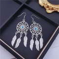 Miniatyrbilde 5 av 5: Kvinne Retro Sølv BOHO Stil Metall Dangle Drop Øredobber Drømmefanger Statement Fjær Dangle Dusker Turkis Øredobber for Kvinner Jenter