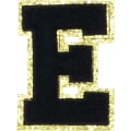 Pikkukuva 1 / 5: Englannin kielen kirjain E - Silitysmerkit Aakkoset Ompelemissovellukset Vaatteiden merkit, Kultaisella glitter-reunuksella, Liima-taustatarra（Musta E）EBlack