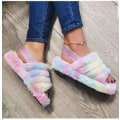 Miniatyrbillede 3 af 3: Kvinder Plys Slide Slipper Plys Sling Sandaler Åben Tå Pels Hus Slide Sandaler Komfortable Flade Sko Med Elastikbånd
