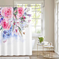 Miniatyrbillede 3 af 5: Pink Leaf Bruseforhængssæt, Æstetiske Blade Badeværelse Dekorative 72 X 72 Tommer Polyester Vandtæt Stof Badeforhæng med Kroge
