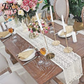 Miniatyrbilde 3 av 5: Beige Bordløper Rektangulær Heklet Blonder Elegant Hullet Mesh Duk for Rustik Boho Bryllup, Borddekor