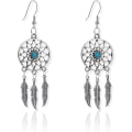 Miniatyrbilde 1 av 5: Kvinne Retro Sølv BOHO Stil Metall Dangle Drop Øredobber Drømmefanger Statement Fjær Dangle Dusker Turkis Øredobber for Kvinner Jenter