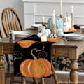 Miniatyrbillede 3 af 5: Vandfarve Orange Græskar Hule Squash Thanksgiving Bordløber Sort, Sæsonbestemt Efterår Høst Halloween Køkken  13 x 72 Tommer