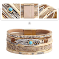 Miniatyrbillede 5 af 5: Heyone Dame Læder Manchet Armbånd Fjer Multi Strand Armbånd Wrap Armbånd Turkis Boho Armring Flettet Læder