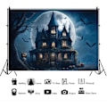 Pikkukuva 2 / 4: Halloween-teeman tausta Kauhu Hautakivi Lepakko Valokuvaustausta Pelottava Kuolleet Oksat Yöllä Sumuisessa Linna vauvalle ja aikuisille 7x5ft