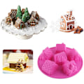 Miniatyrbillede 4 af 5: 2 stk. 3D julekagehus silikone bageform, 6 hul hyggelig landsbyhus silikone muffin kage bageform (tilfældig farve)