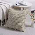 Miniatyrbillede 2 af 5: 2 stk. brune pudebetræk, 20x20 tommer, med pompom-kugle stue sofa seng sofa, blødt stribet fløjl firkantet pudebetræk, 50x50 cm