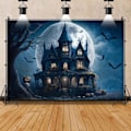 Pikkukuva 3 / 4: Halloween-teeman tausta Kauhu Hautakivi Lepakko Valokuvaustausta Pelottava Kuolleet Oksat Yöllä Sumuisessa Linna vauvalle ja aikuisille 7x5ft