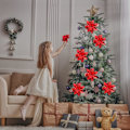 Miniatyrbillede 4 af 5: Heyone 12 stk. Kunstige julestjerner juleblomster juledekorationer til juletræspynt vinterfest kransdekoration (rød)