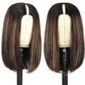 Miniatyrbild 2 av 4: Ombre V Part Wig Human Hair No Leave Out Blonde Highlight V Part Bob Wig Upgrade Thin U Part Wig No Glue Brazilian Straight Short Bob Wig Colored Brow