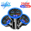 Miniatyrbild 2 av 7: 250W 6-portars snabbladdare för bil PD QC3.0 USB C-billaddare Typ C-adapter i bil för iPhone Samsung Huawei Xiaomi 5 Port Volt display