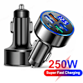 Miniatyrbild 1 av 7: 250W 4-portars USB-billaddare för bil Typ C PD QC3.0 Snabbladdningsadapter LED-display för Huawei Xiaomi iPhone 14 13 12 11 Pro Max 5 in 1 250W PD