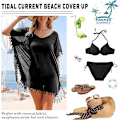 Miniatyrbild 4 av 4: Chiffong Strandkläder Kvinnor Strand Bikini Överdrag Tofs Strandklänning V-ringad Baddräkt Sommar Casual Baddräkt Black