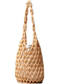Miniatyrbillede 1 af 5: Retro Træ Skuldertaske Kvinder Vævet Perlebesat Håndtaske Udhulet Tote Taske Casual Strand Bucket Taske Khaki