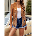 Miniatyrbillede 2 af 4: Dame Tassel Vest 70'er Hippie Faux Suede Fringe Jakke Cardigan Ensfarvet Åben Front Ærmeløs Y2k Jakke