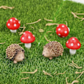 Miniatyrbillede 1 af 5: 8-pak Miniature Have Tilbehør, 4 Miniature Resin Pindsvin og 4 Træsvampe, Eventyrhave Svampe