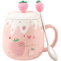 Miniatyrbillede 1 af 2: Søde Jordbærkrus Pink Kaffekrus Keramisk kawaii Kop Morgen Te Mælk Frugt Krus med Dejligt Låg Rustfri Stål Ske