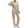Pikkukuva 1 / 4: Naisten Pyjama-asu Yöasut, Naisten Ribbineulotut 2-osaiset Asut Loungewear-setit Vapaa-ajan Puvut Kotiasu V-kaula-aukkoinen Pitkähihainen Neulepusero