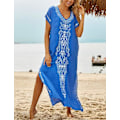 Miniatyrbillede 2 af 4: Dame Broderi Kortærmet Bikini Badedragt Cover Up Side Slids Strand Kaftan Kjole