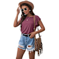 Miniatyrbilde 3 av 4: Sommertopper Strikkede Skjorter Casual Ruffle Kortermet Topp Rund Hals Tunika Tanktopper T-skjorte Bluse for Kvinner Purple Red